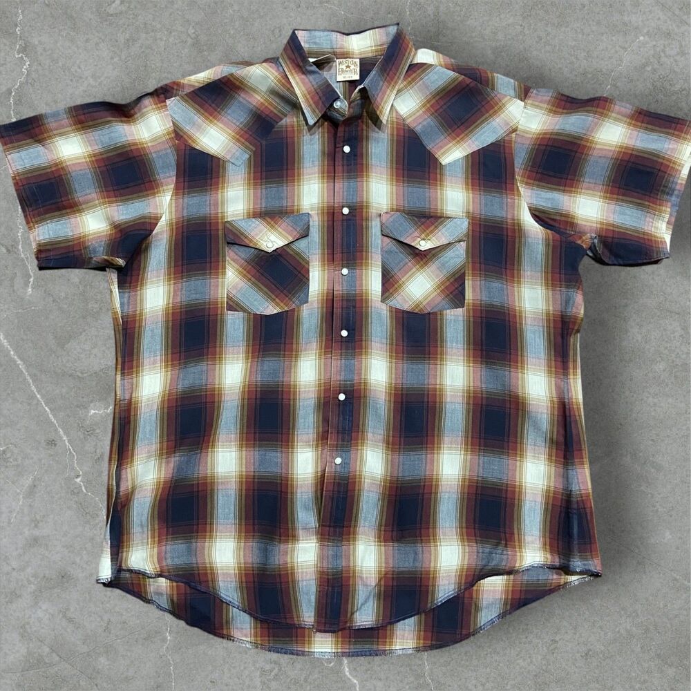 Western Frontier Vintage Pearl Snap Plaid Navy Blue Button Up Shirt Mens Size XL